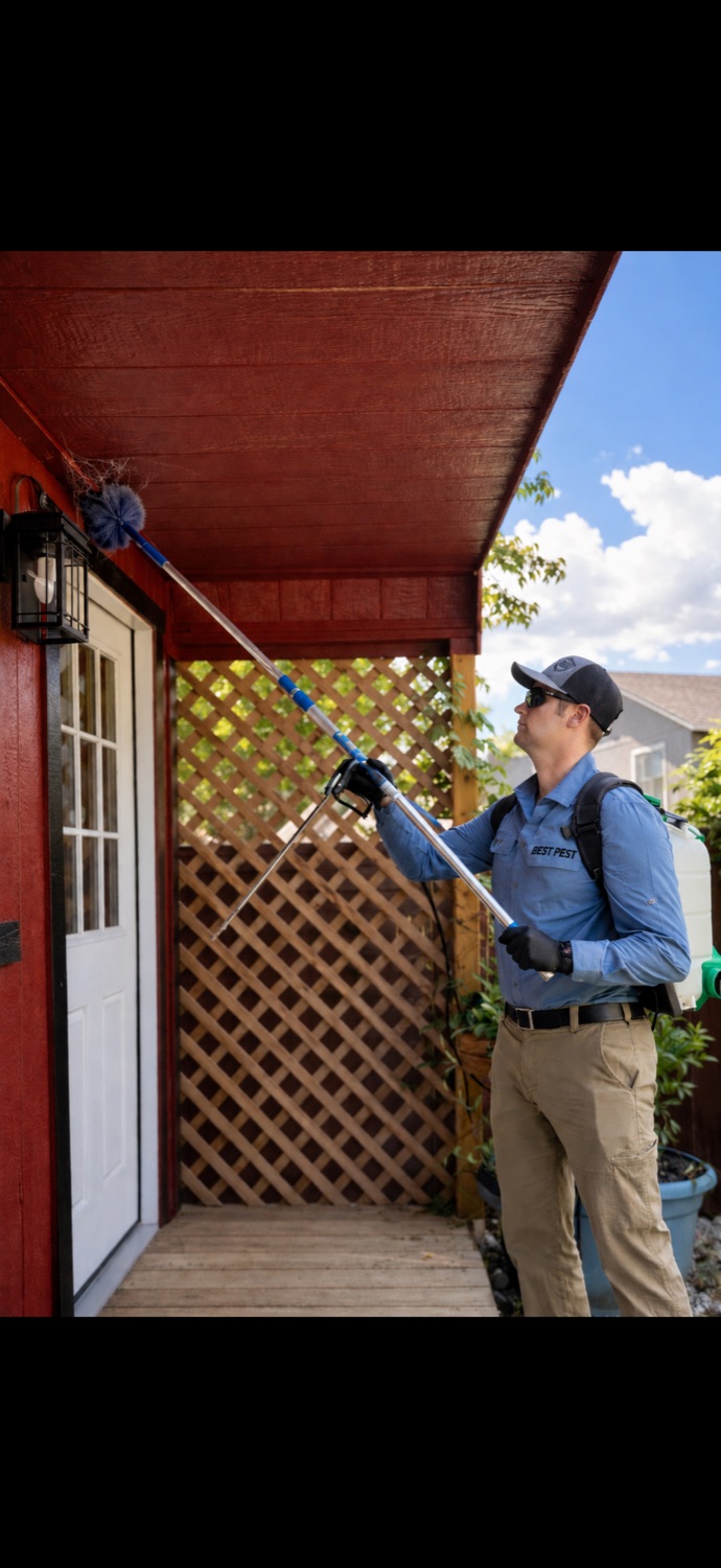 Andrew, owner and lead technician of Best Pest, removing cobwebs from a home's eaves during a pest control service in Coeur d'Alene, Idaho